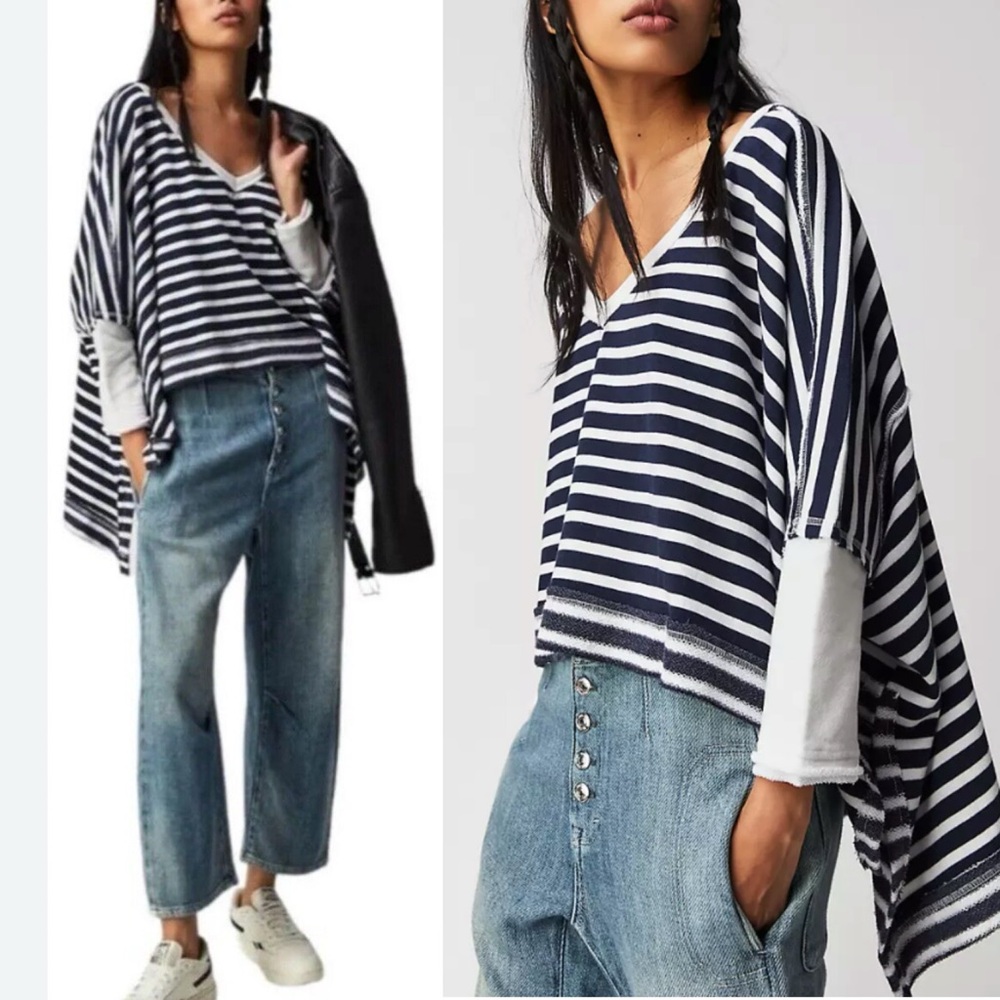 Free People Navy and White Striped Top